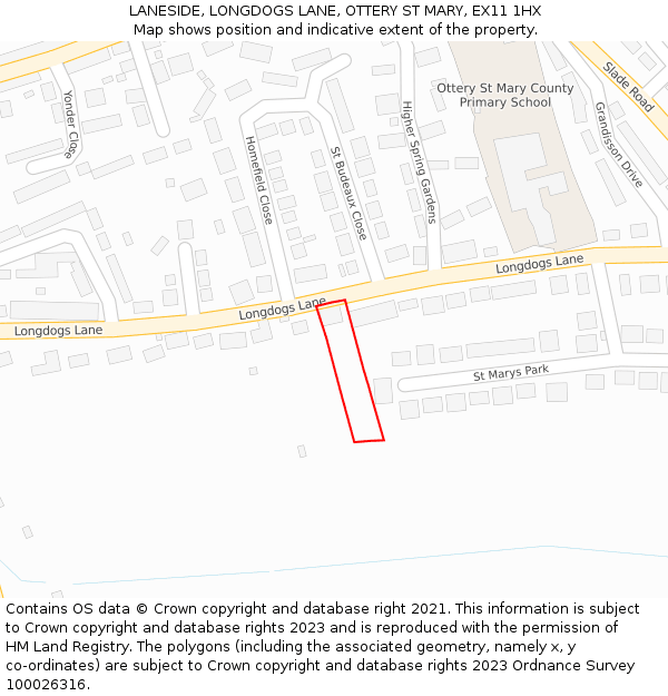 LANESIDE, LONGDOGS LANE, OTTERY ST MARY, EX11 1HX: Location map and indicative extent of plot