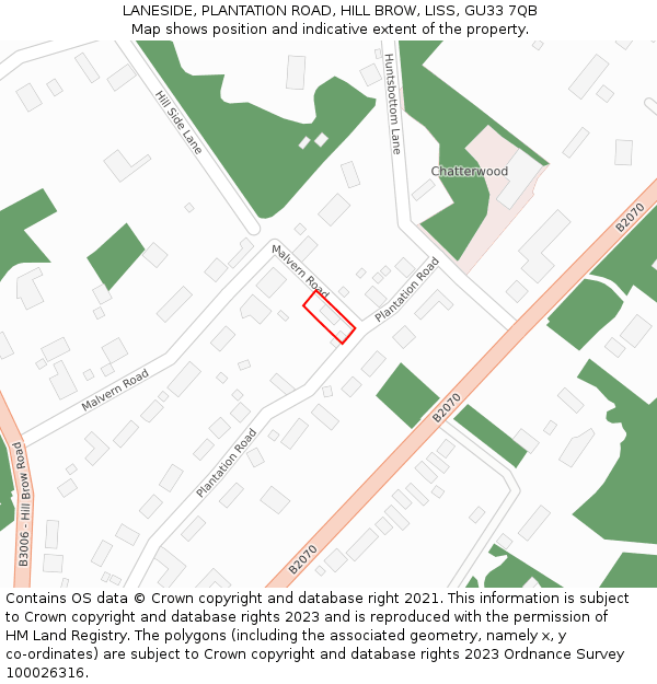 LANESIDE, PLANTATION ROAD, HILL BROW, LISS, GU33 7QB: Location map and indicative extent of plot