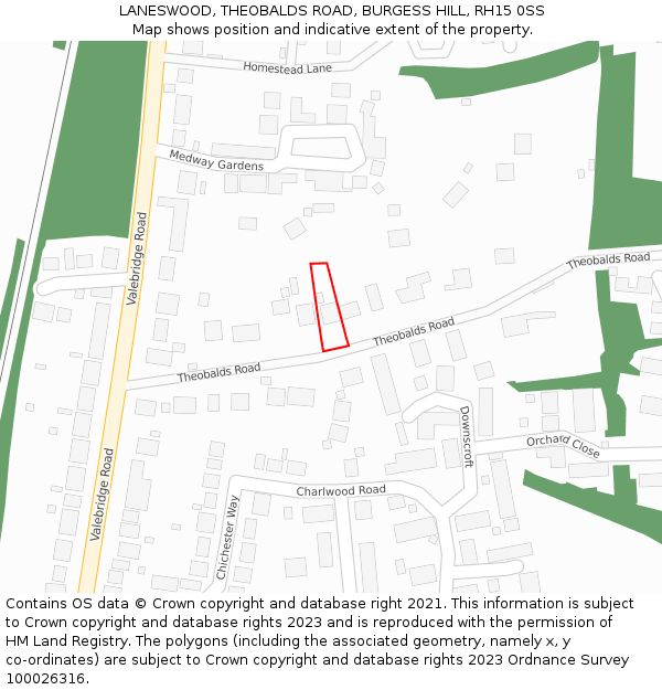 LANESWOOD, THEOBALDS ROAD, BURGESS HILL, RH15 0SS: Location map and indicative extent of plot