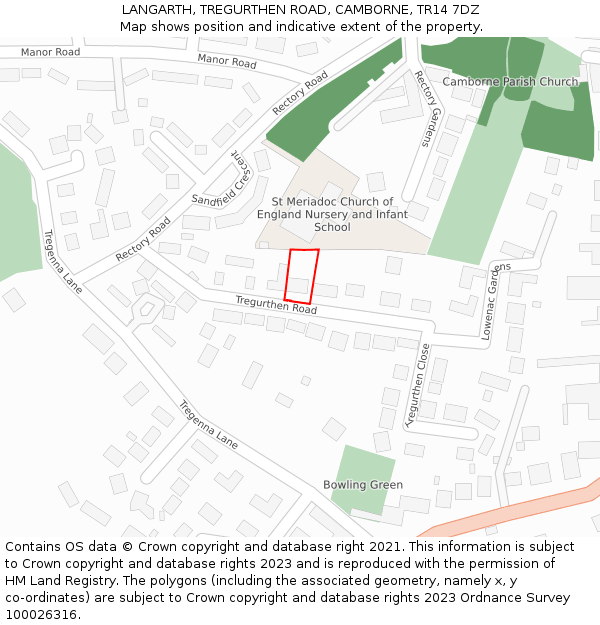 LANGARTH, TREGURTHEN ROAD, CAMBORNE, TR14 7DZ: Location map and indicative extent of plot