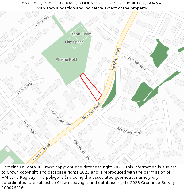 LANGDALE, BEAULIEU ROAD, DIBDEN PURLIEU, SOUTHAMPTON, SO45 4JE: Location map and indicative extent of plot