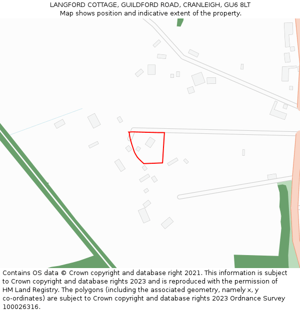 LANGFORD COTTAGE, GUILDFORD ROAD, CRANLEIGH, GU6 8LT: Location map and indicative extent of plot