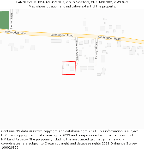 LANGLEYS, BURNHAM AVENUE, COLD NORTON, CHELMSFORD, CM3 6HS: Location map and indicative extent of plot