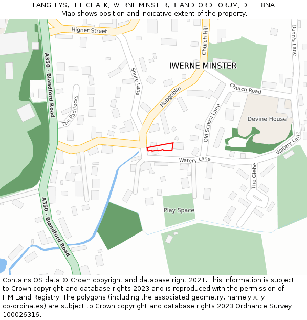 LANGLEYS, THE CHALK, IWERNE MINSTER, BLANDFORD FORUM, DT11 8NA: Location map and indicative extent of plot
