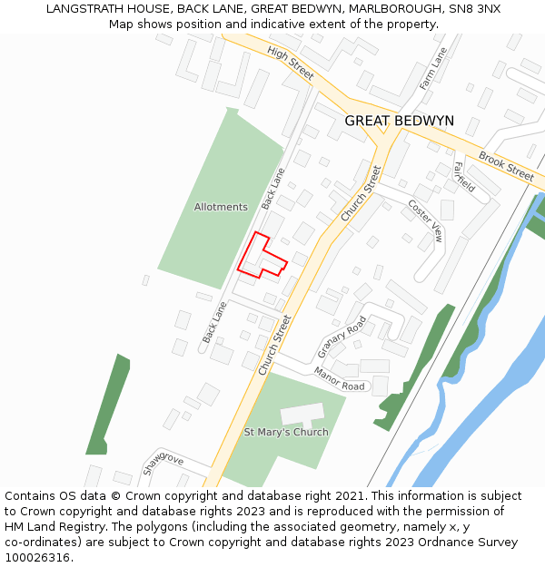 LANGSTRATH HOUSE, BACK LANE, GREAT BEDWYN, MARLBOROUGH, SN8 3NX: Location map and indicative extent of plot