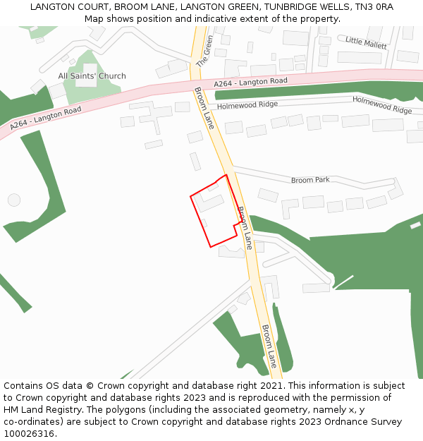 LANGTON COURT, BROOM LANE, LANGTON GREEN, TUNBRIDGE WELLS, TN3 0RA: Location map and indicative extent of plot
