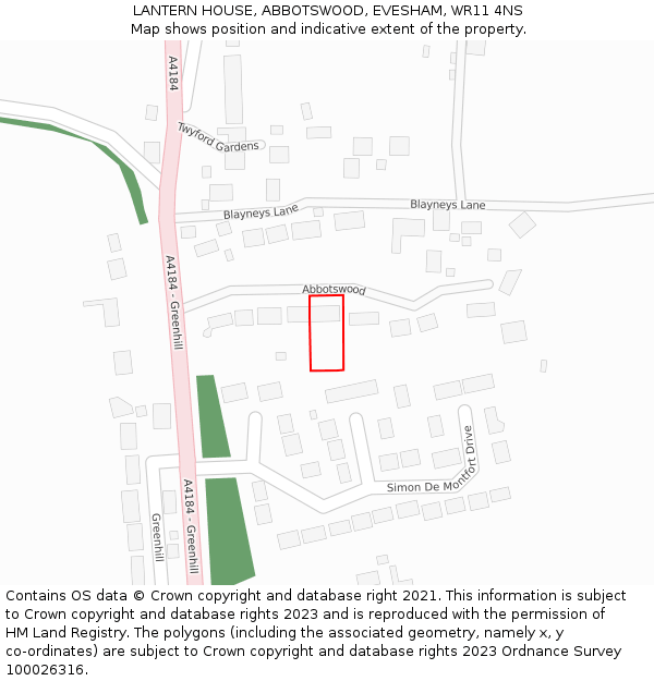 LANTERN HOUSE, ABBOTSWOOD, EVESHAM, WR11 4NS: Location map and indicative extent of plot