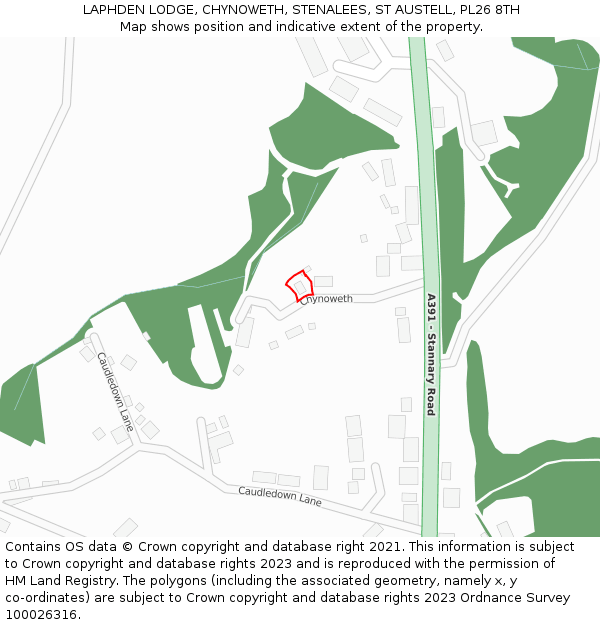 LAPHDEN LODGE, CHYNOWETH, STENALEES, ST AUSTELL, PL26 8TH: Location map and indicative extent of plot