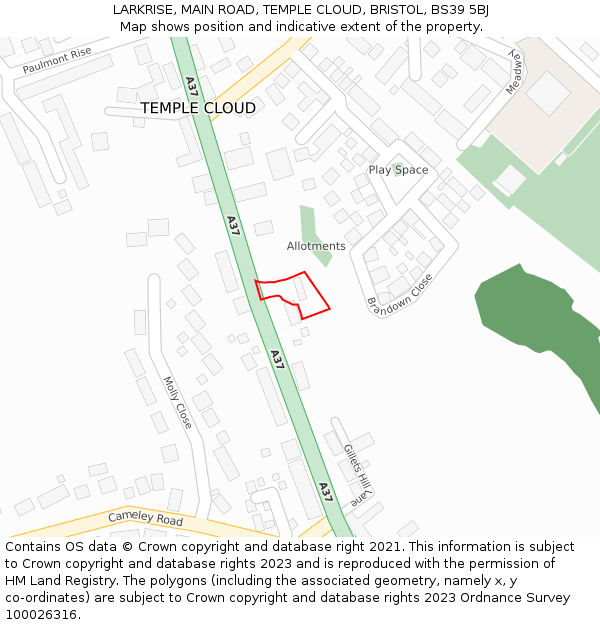 LARKRISE, MAIN ROAD, TEMPLE CLOUD, BRISTOL, BS39 5BJ: Location map and indicative extent of plot