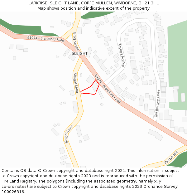 LARKRISE, SLEIGHT LANE, CORFE MULLEN, WIMBORNE, BH21 3HL: Location map and indicative extent of plot