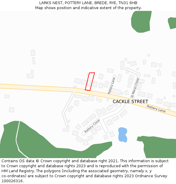 LARKS NEST, POTTERY LANE, BREDE, RYE, TN31 6HB: Location map and indicative extent of plot