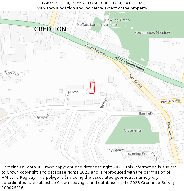 LARKSBLOOM, BRAYS CLOSE, CREDITON, EX17 3HZ: Location map and indicative extent of plot