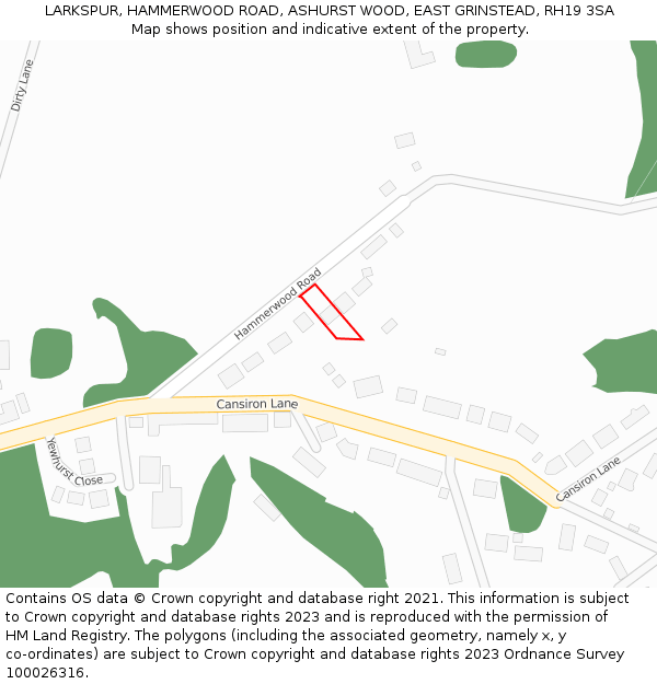 LARKSPUR, HAMMERWOOD ROAD, ASHURST WOOD, EAST GRINSTEAD, RH19 3SA: Location map and indicative extent of plot