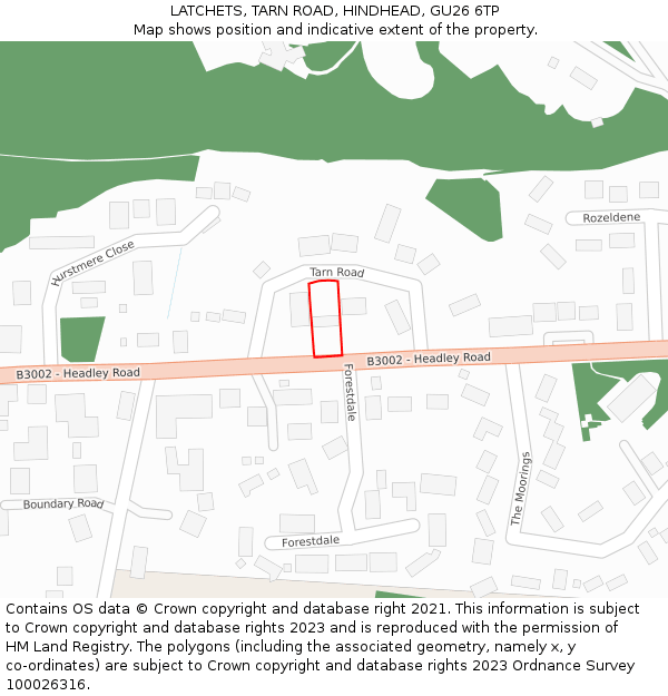 LATCHETS, TARN ROAD, HINDHEAD, GU26 6TP: Location map and indicative extent of plot