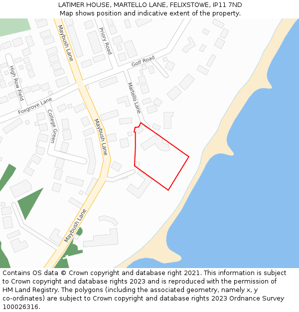 LATIMER HOUSE, MARTELLO LANE, FELIXSTOWE, IP11 7ND: Location map and indicative extent of plot