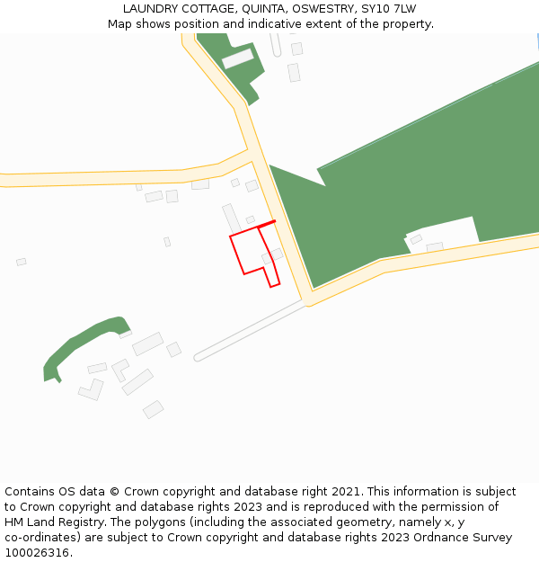 LAUNDRY COTTAGE, QUINTA, OSWESTRY, SY10 7LW: Location map and indicative extent of plot