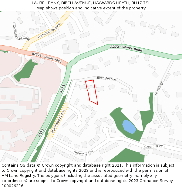 LAUREL BANK, BIRCH AVENUE, HAYWARDS HEATH, RH17 7SL: Location map and indicative extent of plot