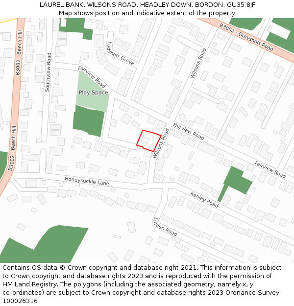 LAUREL BANK, WILSONS ROAD, HEADLEY DOWN, BORDON, GU35 8JF: Location map and indicative extent of plot