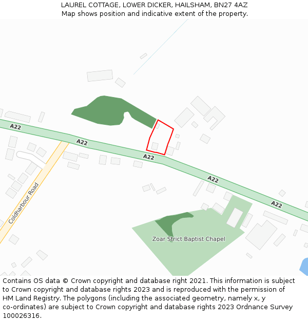 LAUREL COTTAGE, LOWER DICKER, HAILSHAM, BN27 4AZ: Location map and indicative extent of plot