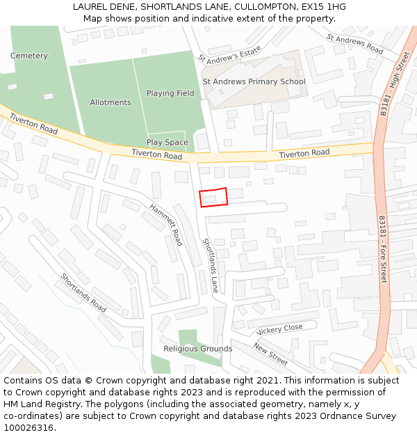 LAUREL DENE, SHORTLANDS LANE, CULLOMPTON, EX15 1HG: Location map and indicative extent of plot