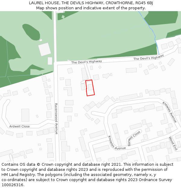 LAUREL HOUSE, THE DEVILS HIGHWAY, CROWTHORNE, RG45 6BJ: Location map and indicative extent of plot