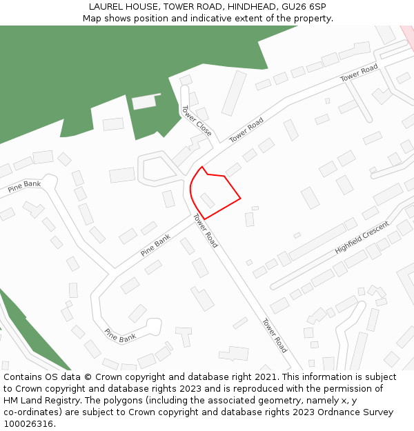 LAUREL HOUSE, TOWER ROAD, HINDHEAD, GU26 6SP: Location map and indicative extent of plot