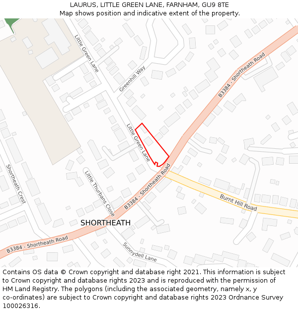 LAURUS, LITTLE GREEN LANE, FARNHAM, GU9 8TE: Location map and indicative extent of plot