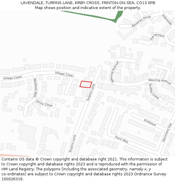 LAVENDALE, TURPINS LANE, KIRBY CROSS, FRINTON-ON-SEA, CO13 0PB: Location map and indicative extent of plot