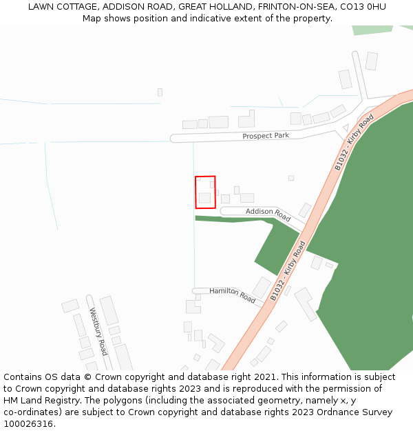 LAWN COTTAGE, ADDISON ROAD, GREAT HOLLAND, FRINTON-ON-SEA, CO13 0HU: Location map and indicative extent of plot