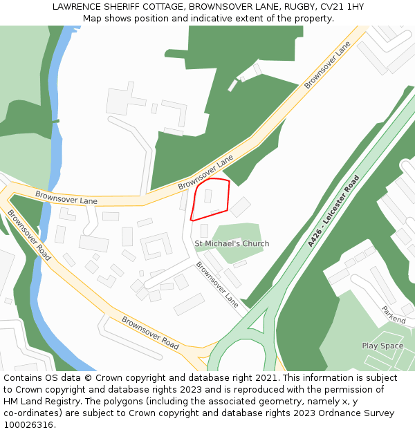 LAWRENCE SHERIFF COTTAGE, BROWNSOVER LANE, RUGBY, CV21 1HY: Location map and indicative extent of plot