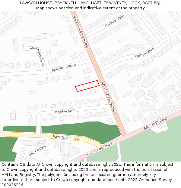 LAWSON HOUSE, BRACKNELL LANE, HARTLEY WINTNEY, HOOK, RG27 8QL: Location map and indicative extent of plot