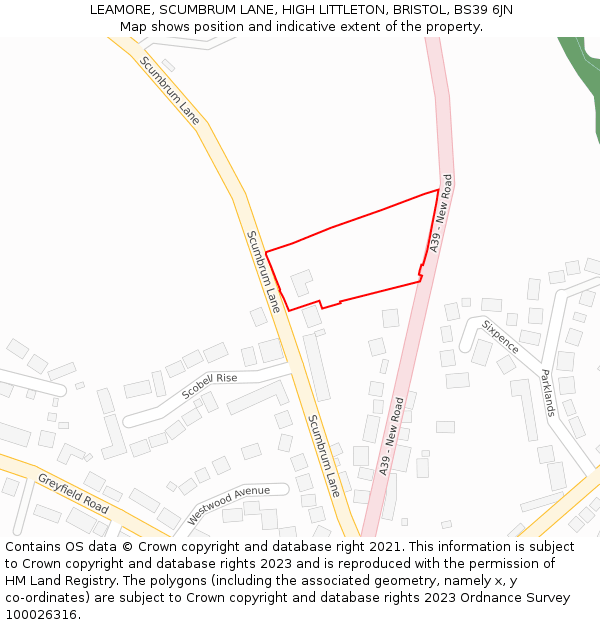 LEAMORE, SCUMBRUM LANE, HIGH LITTLETON, BRISTOL, BS39 6JN: Location map and indicative extent of plot