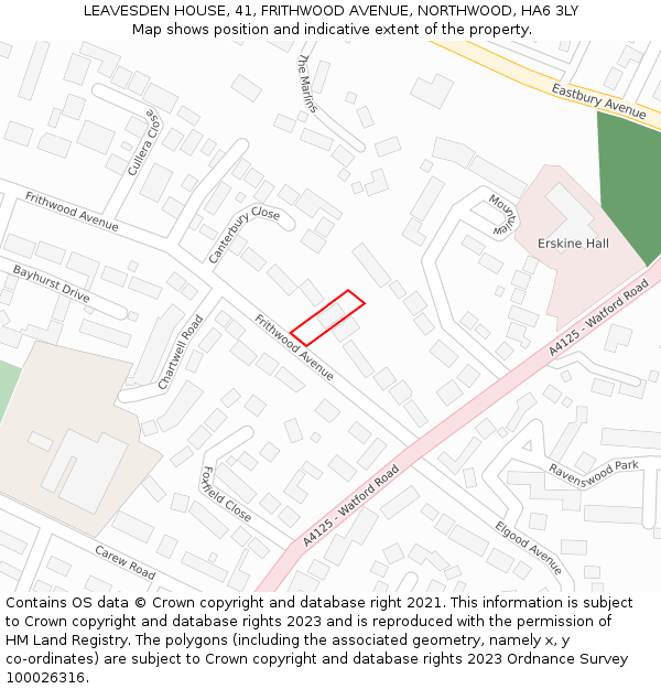 LEAVESDEN HOUSE, 41, FRITHWOOD AVENUE, NORTHWOOD, HA6 3LY: Location map and indicative extent of plot