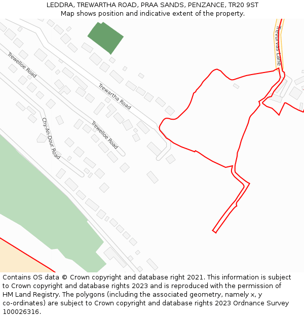 LEDDRA, TREWARTHA ROAD, PRAA SANDS, PENZANCE, TR20 9ST: Location map and indicative extent of plot