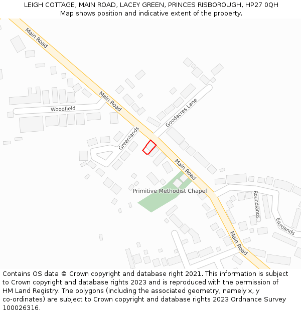LEIGH COTTAGE, MAIN ROAD, LACEY GREEN, PRINCES RISBOROUGH, HP27 0QH: Location map and indicative extent of plot