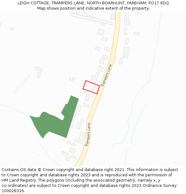 LEIGH COTTAGE, TRAMPERS LANE, NORTH BOARHUNT, FAREHAM, PO17 6DQ: Location map and indicative extent of plot