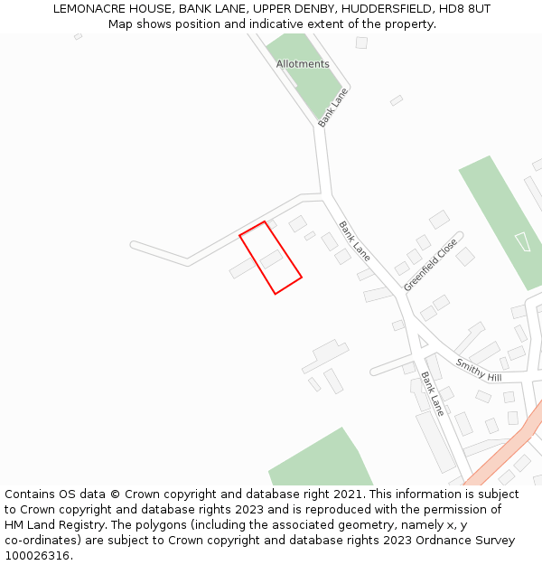 LEMONACRE HOUSE, BANK LANE, UPPER DENBY, HUDDERSFIELD, HD8 8UT: Location map and indicative extent of plot