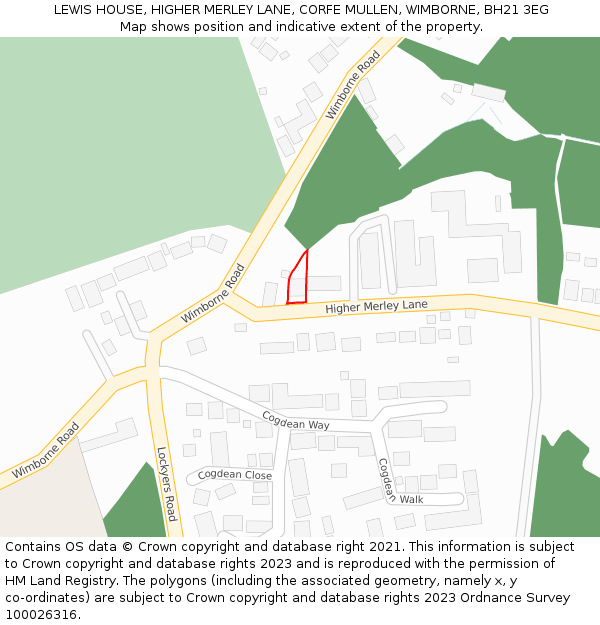 LEWIS HOUSE, HIGHER MERLEY LANE, CORFE MULLEN, WIMBORNE, BH21 3EG: Location map and indicative extent of plot