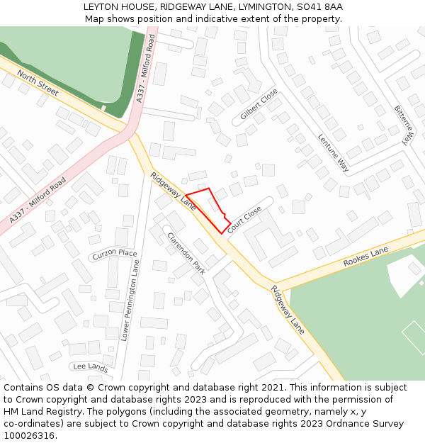 LEYTON HOUSE, RIDGEWAY LANE, LYMINGTON, SO41 8AA: Location map and indicative extent of plot