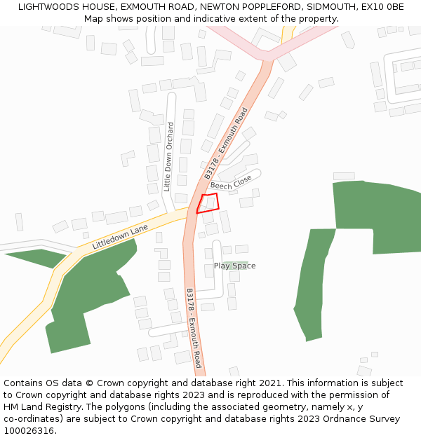 LIGHTWOODS HOUSE, EXMOUTH ROAD, NEWTON POPPLEFORD, SIDMOUTH, EX10 0BE: Location map and indicative extent of plot