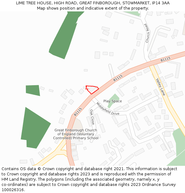 LIME TREE HOUSE, HIGH ROAD, GREAT FINBOROUGH, STOWMARKET, IP14 3AA: Location map and indicative extent of plot