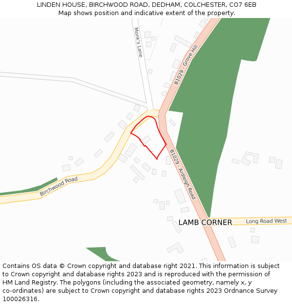 LINDEN HOUSE, BIRCHWOOD ROAD, DEDHAM, COLCHESTER, CO7 6EB: Location map and indicative extent of plot