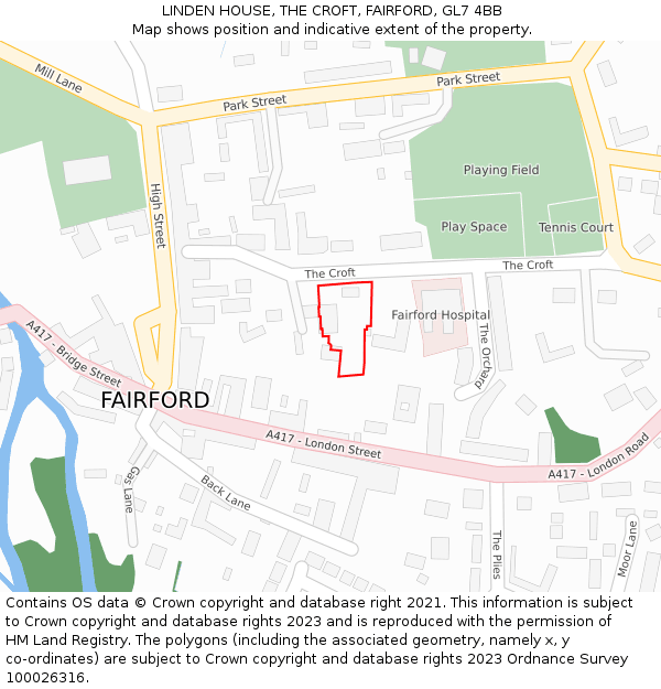 LINDEN HOUSE, THE CROFT, FAIRFORD, GL7 4BB: Location map and indicative extent of plot