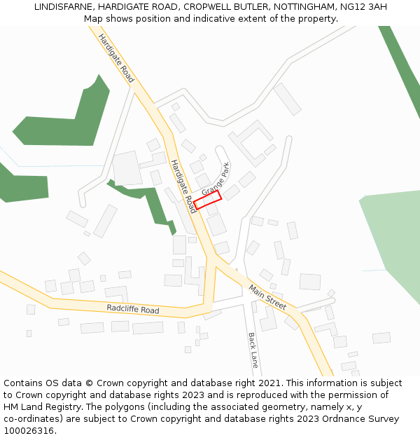 LINDISFARNE, HARDIGATE ROAD, CROPWELL BUTLER, NOTTINGHAM, NG12 3AH: Location map and indicative extent of plot