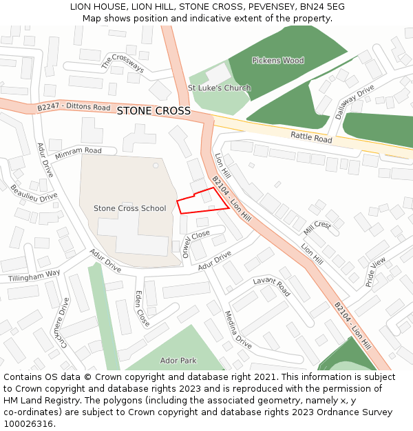 LION HOUSE, LION HILL, STONE CROSS, PEVENSEY, BN24 5EG: Location map and indicative extent of plot