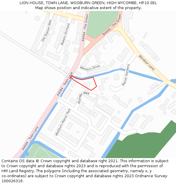 LION HOUSE, TOWN LANE, WOOBURN GREEN, HIGH WYCOMBE, HP10 0EL: Location map and indicative extent of plot