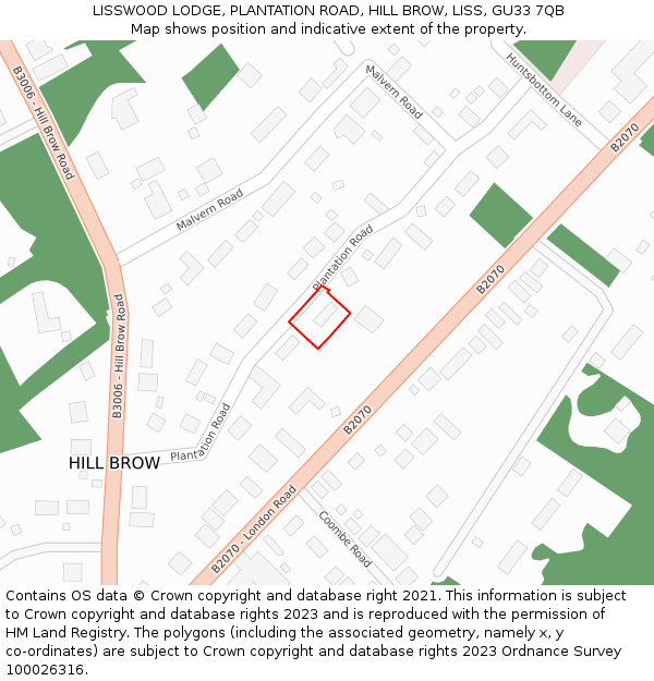 LISSWOOD LODGE, PLANTATION ROAD, HILL BROW, LISS, GU33 7QB: Location map and indicative extent of plot