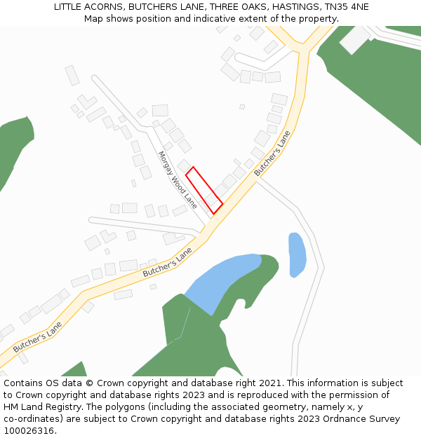 LITTLE ACORNS, BUTCHERS LANE, THREE OAKS, HASTINGS, TN35 4NE: Location map and indicative extent of plot