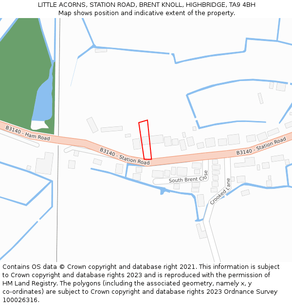 LITTLE ACORNS, STATION ROAD, BRENT KNOLL, HIGHBRIDGE, TA9 4BH: Location map and indicative extent of plot
