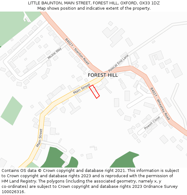 LITTLE BAUNTON, MAIN STREET, FOREST HILL, OXFORD, OX33 1DZ: Location map and indicative extent of plot